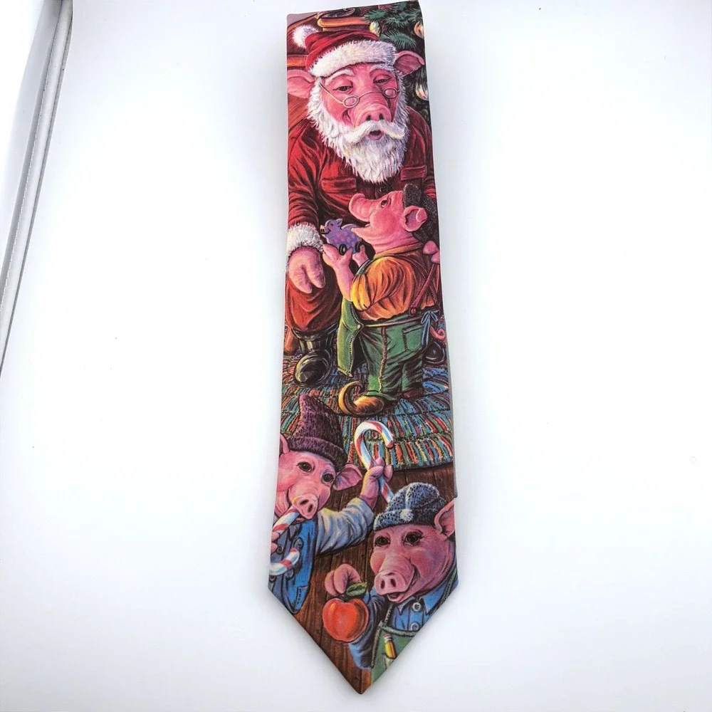 Ralph Marlin Mens Vintage Christmas Pigs Santa Novelty Tie Multicolor USA Made
